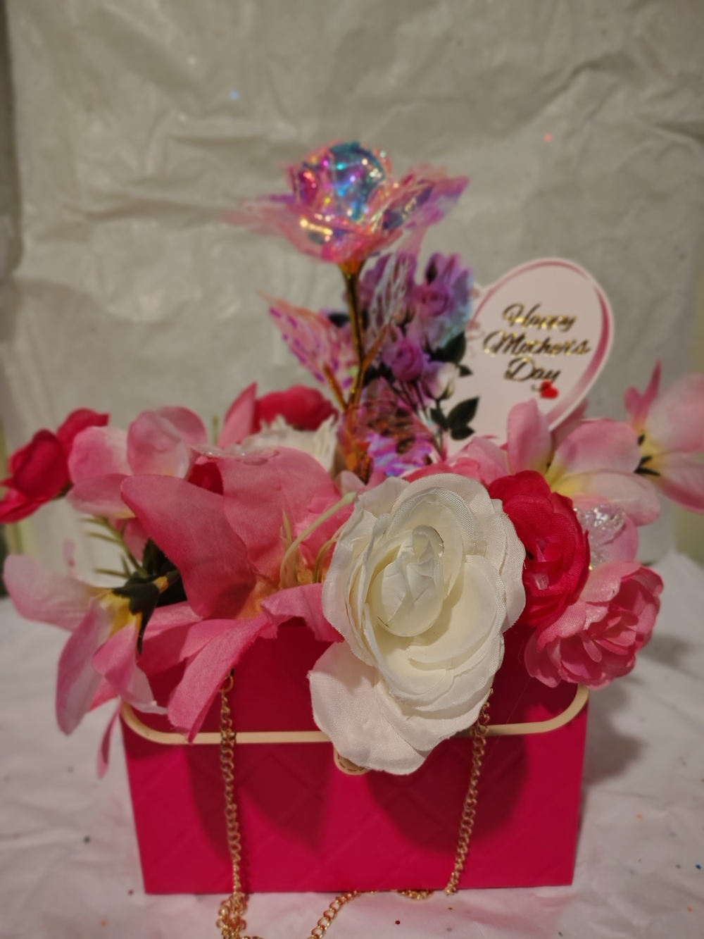 Mother's Day Artificial Pink Floral Handbag - White & Pink Accent